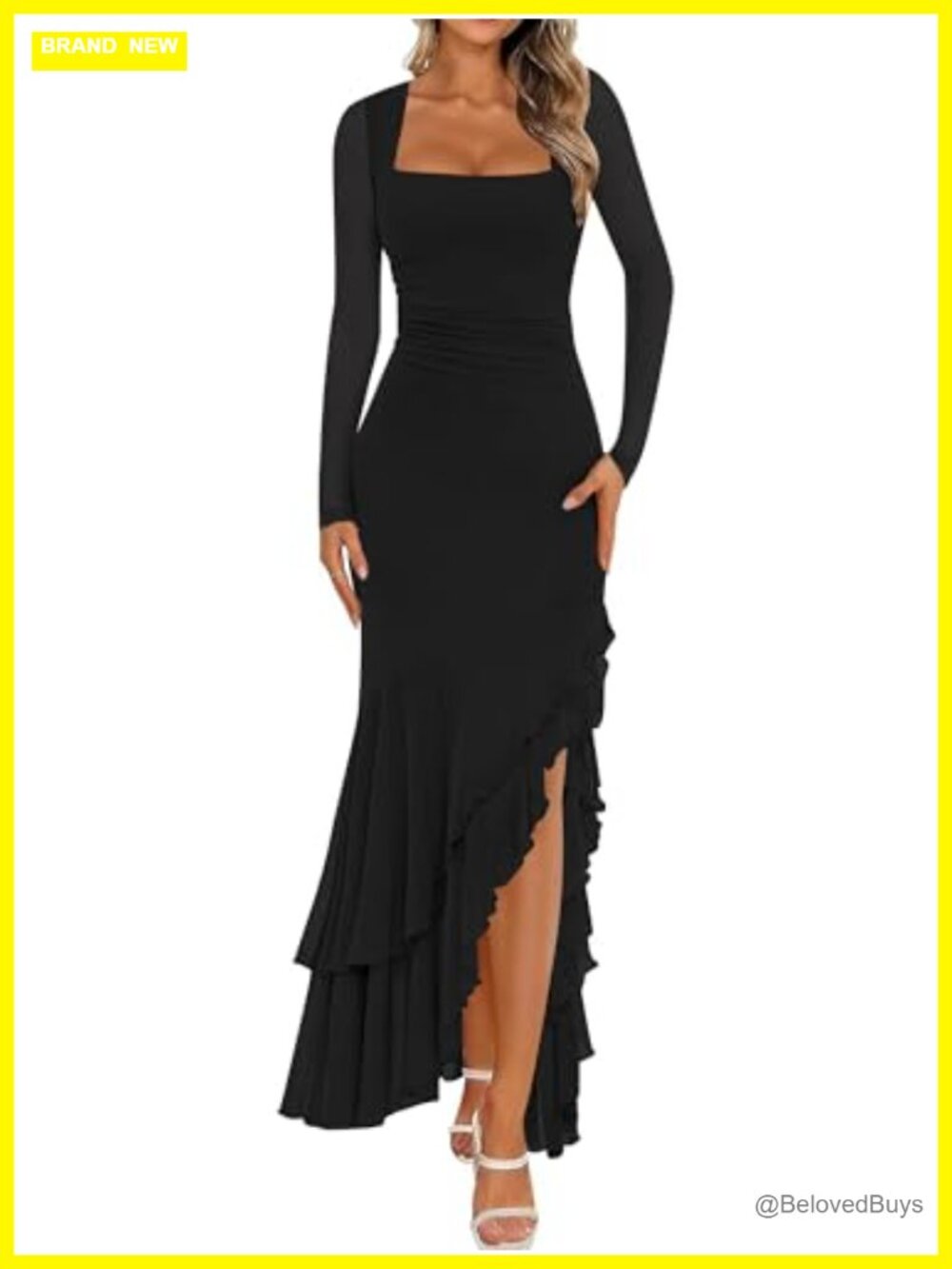 Women's Long Sleeve Maxi Dress Mesh Bodycon Formal Wedding Guest High Slit